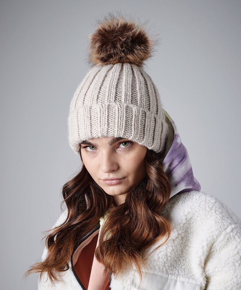 Fur pop pom cable beanie