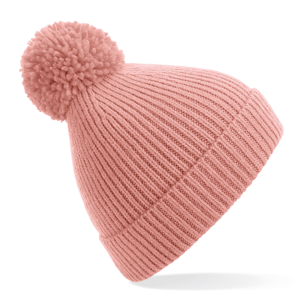 Engineered knit ribbed pom pom beanie
