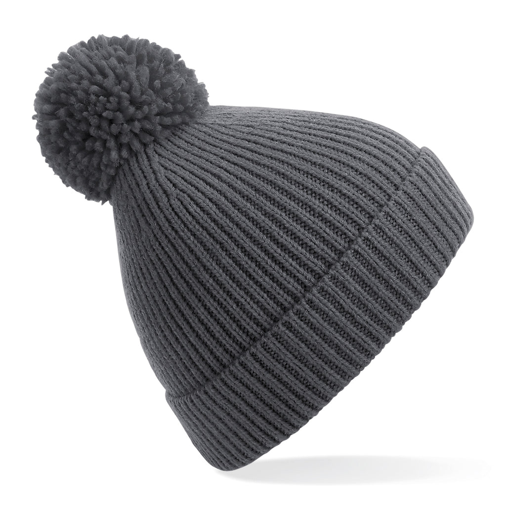 Engineered knit ribbed pom pom beanie