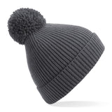 Engineered knit ribbed pom pom beanie