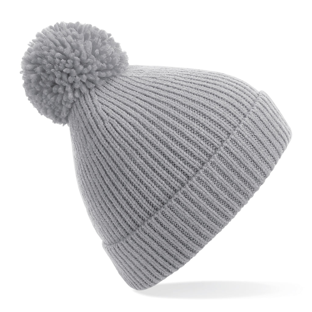 Engineered knit ribbed pom pom beanie