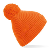 Engineered knit ribbed pom pom beanie