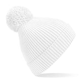 Engineered knit ribbed pom pom beanie