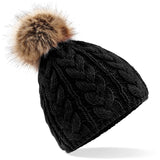 Fur pop pom cable beanie