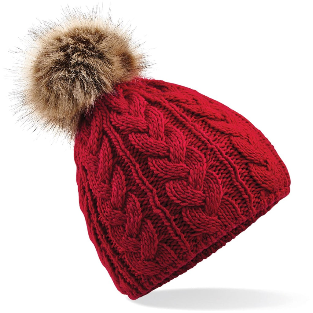 Fur pop pom cable beanie