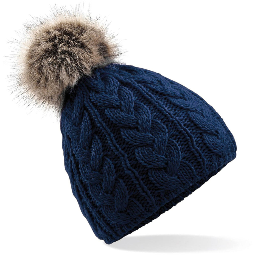 Fur pop pom cable beanie