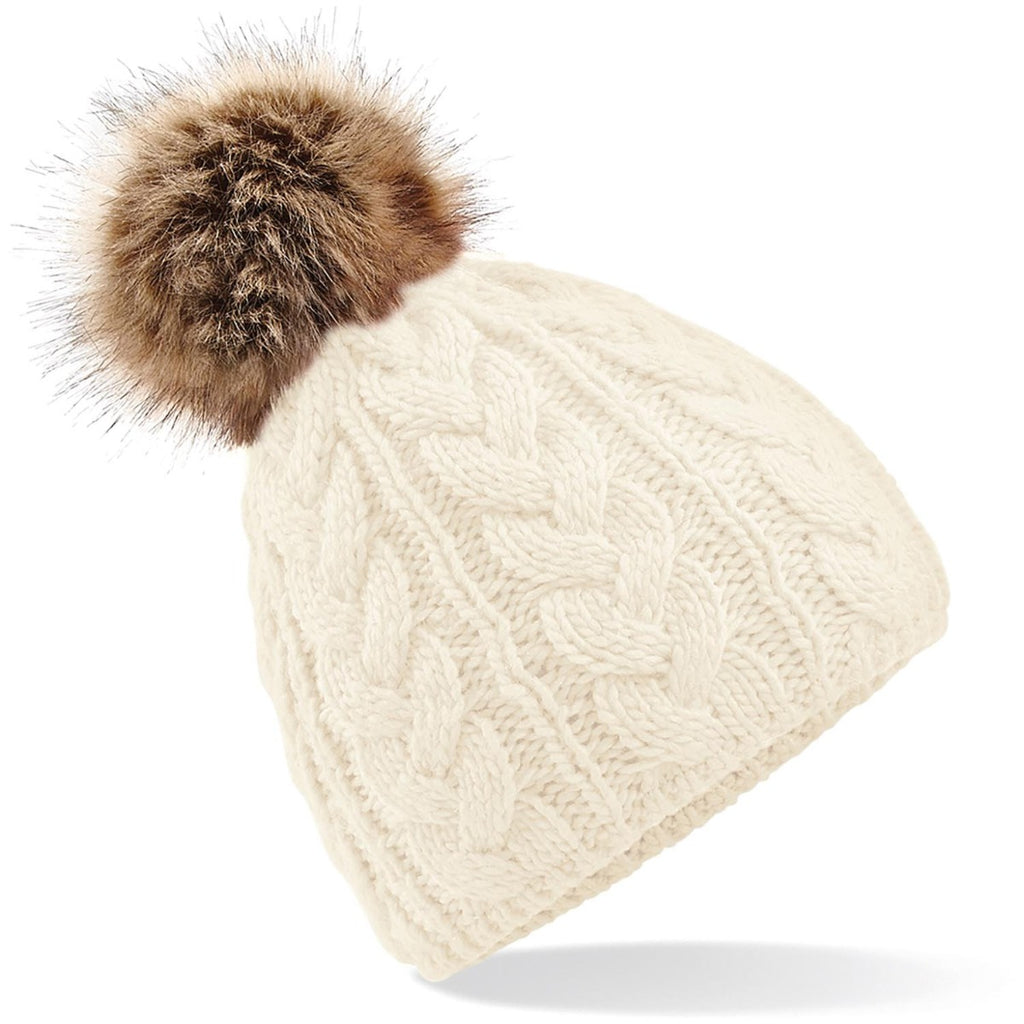Fur pop pom cable beanie